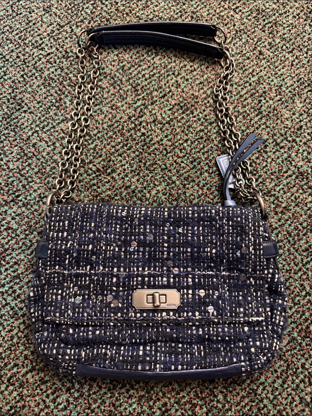 Coach Navy Tweed Chain Shoulder Bag with Gold-Tone Hardware